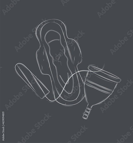 Tampon, women sanitary pad and menstrual cup set drawing on black background