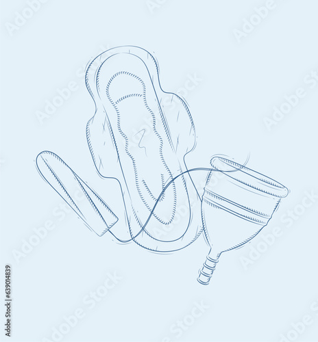 Tampon, women sanitary pad and menstrual cup set drawing on beige background