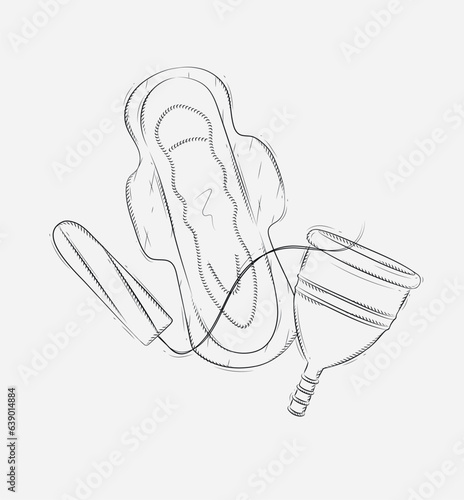 Tampon, women sanitary pad and menstrual cup set drawing on grey background