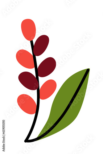 illustration of a coffee branch with ripe berries and leaf. Simple logo of a arabica coffee plant isolated on white background. 