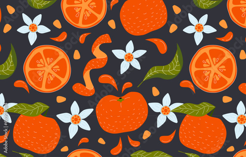 Orange, leaves, flowers, seeds and orange peel seamless pattern on blue background. Tangerine exotic citrus wallpaper for printing or packaging.