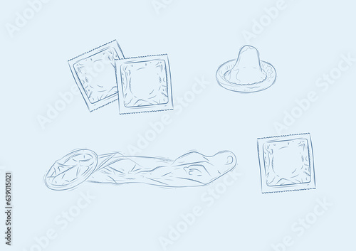 Packed and unpacked condoms set drawing on blue background