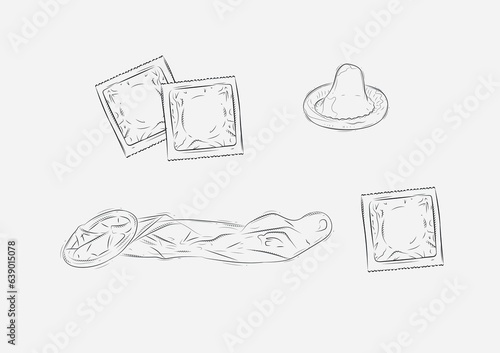 Packed and unpacked condoms set drawing on grey background