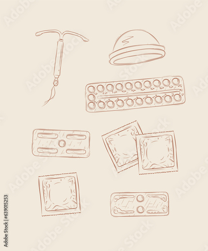 Women diaphragm, intrauterine device for contraception, pack of condom and birth control pills set drawing on beige background