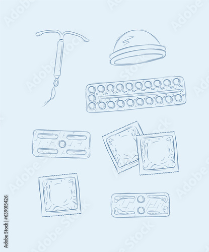 Women diaphragm, intrauterine device for contraception, pack of condom and birth control pills set drawing on blue background