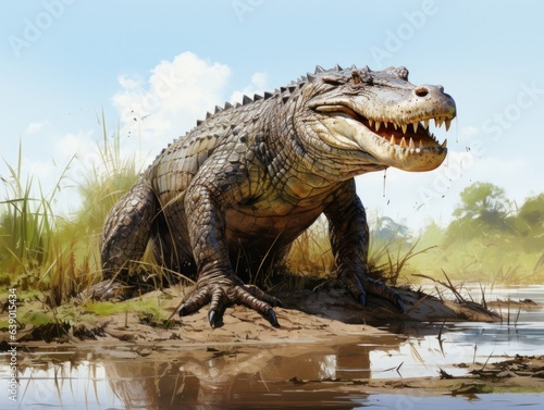 crocodile on the river bank. 3d render.
