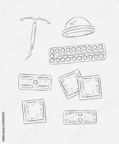 Women diaphragm, intrauterine device for contraception, pack of condom and birth control pills set drawing on grey background