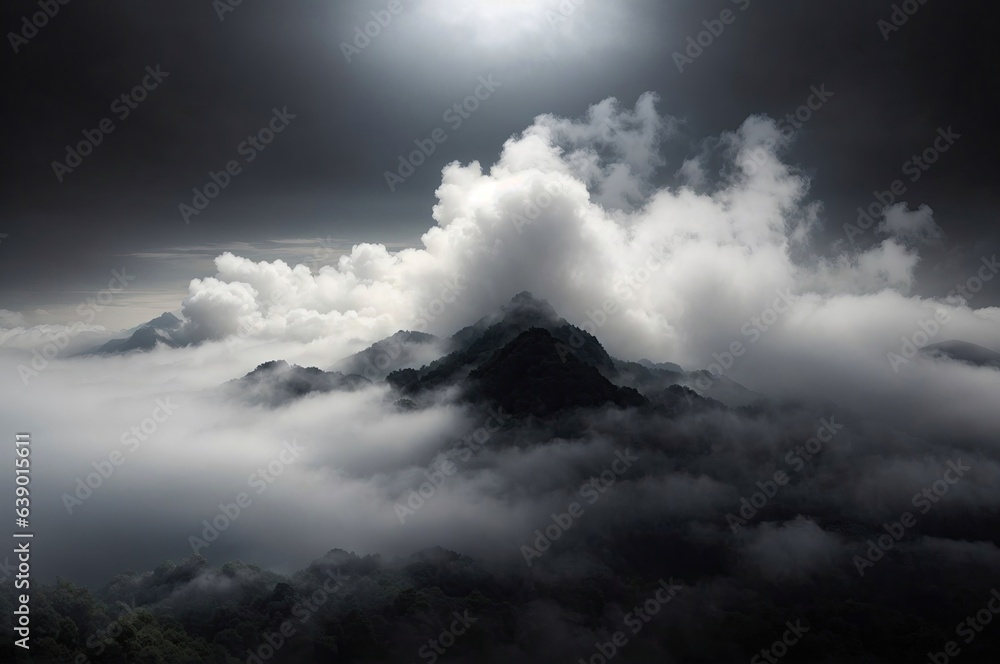 Mountain landscapeThe Himalayan mountains are shrouded in thick fog with dramatic light