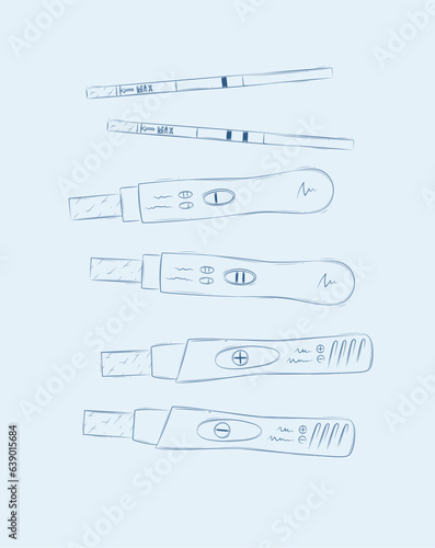 Pregnancy or ovulation tests composition drawing on blue background