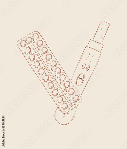 Pregnancy or ovulation test and birth control pills composition drawing on beige background