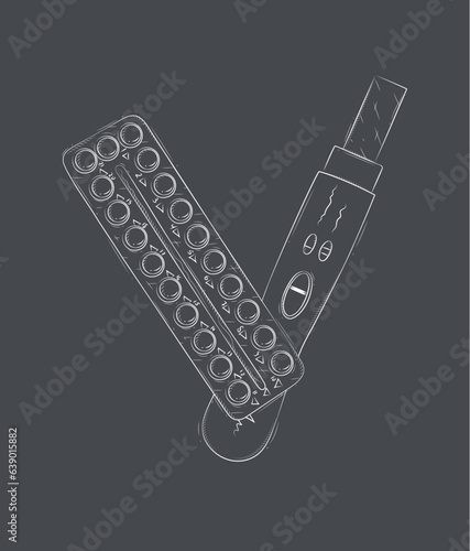 Pregnancy or ovulation test and birth control pills composition drawing on black background