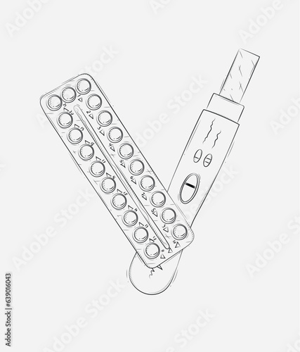 Pregnancy or ovulation test and birth control pills composition drawing on grey background