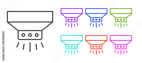 Black line Fire sprinkler system icon isolated on white background. Sprinkler, fire extinguisher solid icon. Set icons colorful. Vector