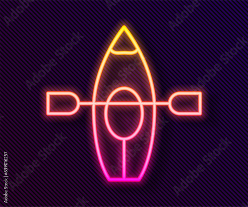 Glowing neon line Kayak and paddle icon isolated on black background. Kayak and canoe for fishing and tourism. Outdoor activities. Vector