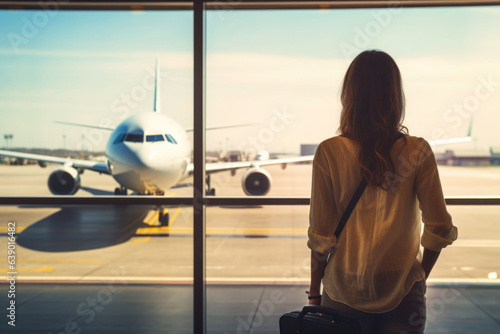 Woman standing at lounge with luggage watching at airport window while waiting at boarding gate before departure. AI generated
