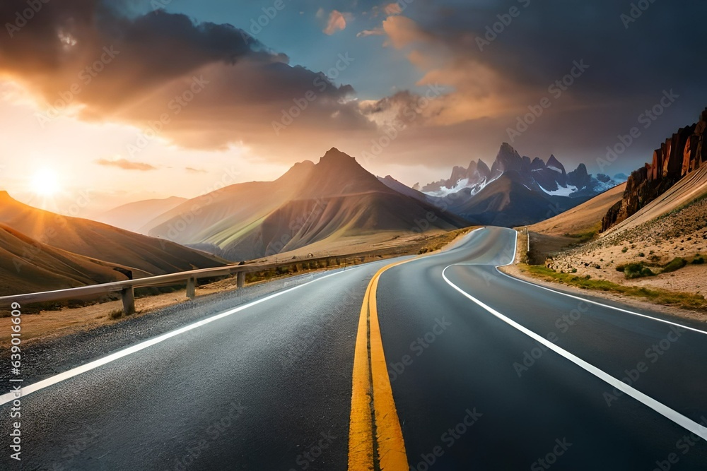 An atmospheric twilight shot of an asphalt road traversing a mountain pass