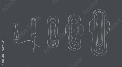 Women sanitary pads and tampons set drawing on black background
