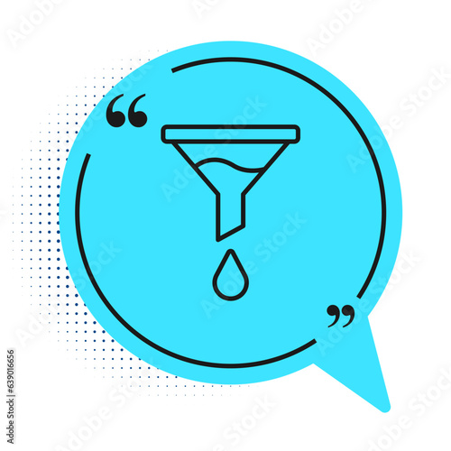 Black line Funnel or filter icon isolated on white background. Blue speech bubble symbol. Vector