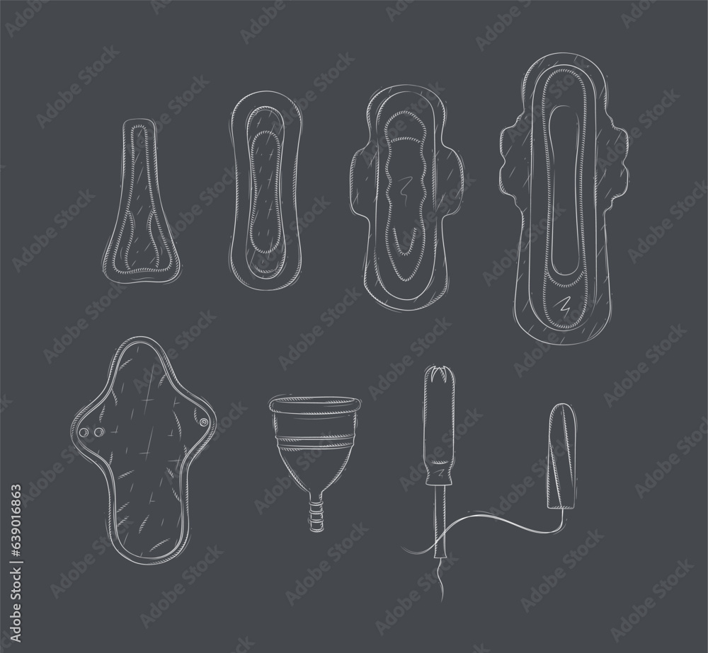 Women periods tools tampon, sanitary pad, menstrual cup drawing on black background