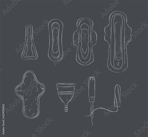 Obraz na płótnie Women periods tools tampon, sanitary pad, menstrual cup drawing on black background w salonie