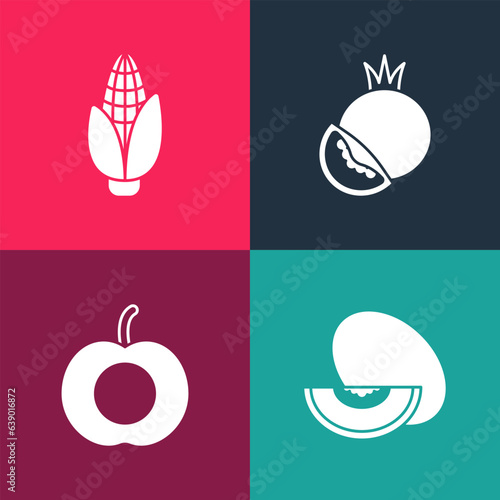 Set pop art Melon fruit, Peach, Tomato and Corn icon. Vector