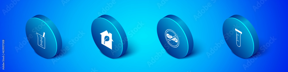 Set Isometric Laboratory glassware or beaker, No GMO, Test tube and flask and Eco friendly house icon. Vector Set Isometric Laboratory glassware or beaker, No GMO, Test tube and flask and Eco friendly house icon. Vector