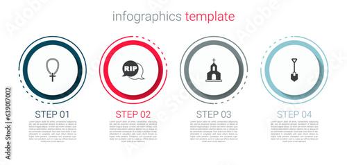 Set Christian cross on chain, Speech bubble rip death, Church building and Shovel. Business infographic template. Vector
