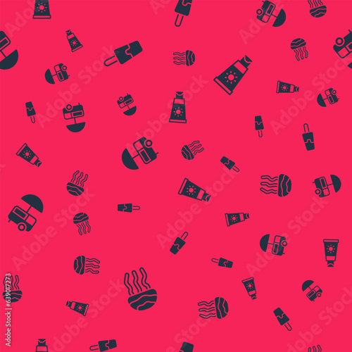 Set Jellyfish, Ice cream, Fast street food cart and Sunscreen in tube on seamless pattern. Vector