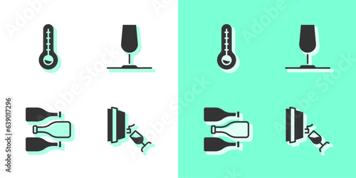 Set Wine tasting, degustation, Meteorology thermometer, Bottles of wine and glass icon. Vector