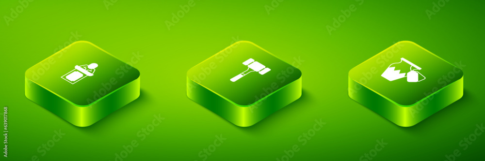 Obraz premium Set Isometric Auction hammer, ancient vase and auctioneer sells icon. Vector