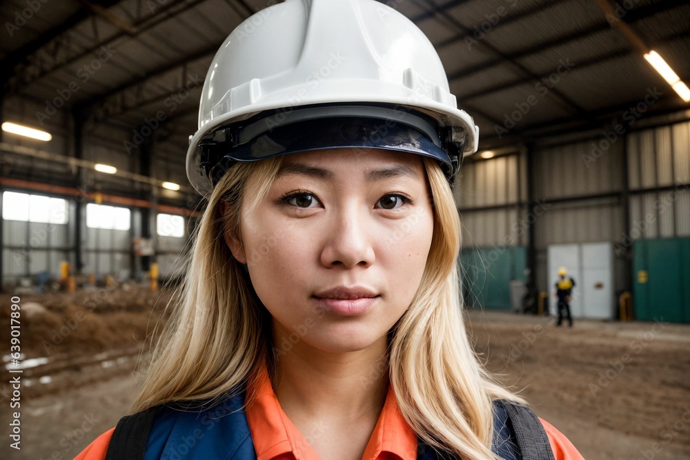 Female industry maintenance engineer in uniform and safety hard hat at factory station, construction and industry