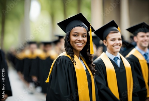 Cheerful graduate in black and yellow gown with cap posing in front of other graduates