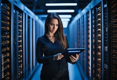 Young woman checks server operation and automation in a data storage room with her tablet