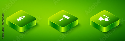 Set Isometric Auction hammer, ancient vase and auctioneer sells icon. Vector