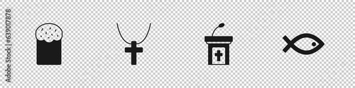 Set Easter cake, Christian cross on chain, Church sermon tribune and fish symbol icon. Vector