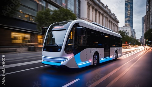Sleek and ultra-modern self-driving autonomous electric bus on city street with neon lights and motion blur © ibreakstock