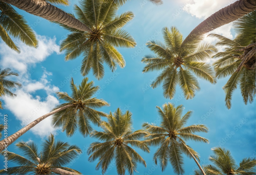 Blue sky and palm trees from below - vintage style, tropical beach, summer background, travel concept