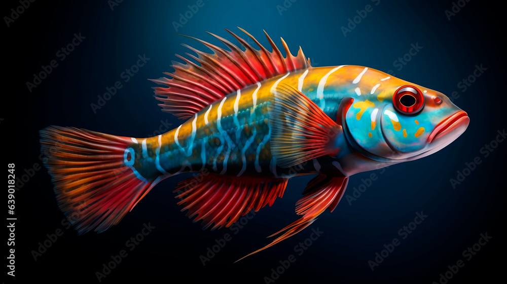 3d render of a colorful fish on a dark blue background. 3d render of a colorful fish on a dark blue background.
