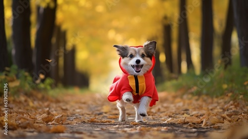 Dog in halloween costume walking outdoors