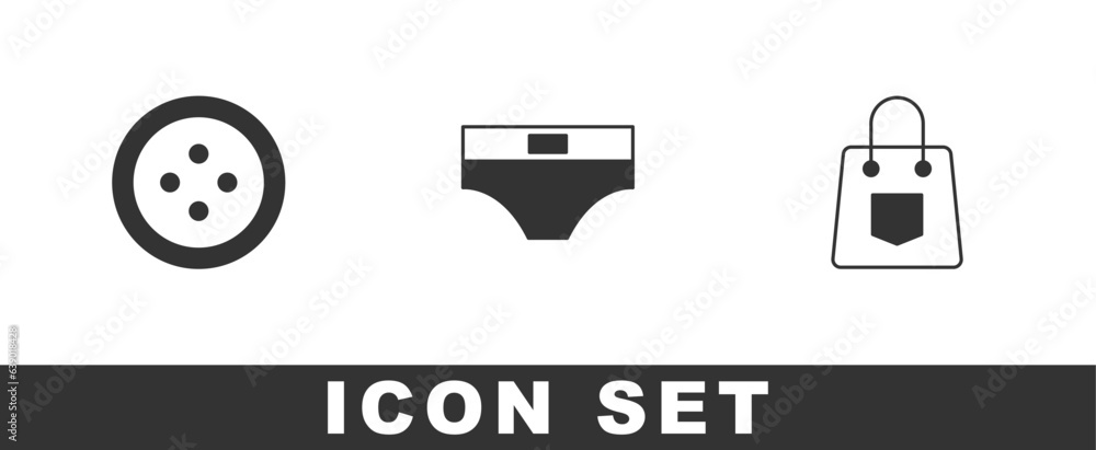 Set Sewing button for clothes, Men underpants and Handbag icon. Vector Set Sewing button for clothes, Men underpants and Handbag icon. Vector