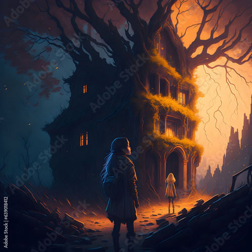 girl looking at the glowing tree formed by the ruins of the house,