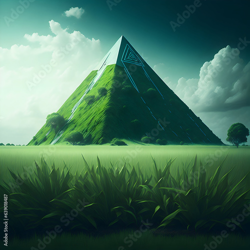 large pyramid covered with green grass towered in front of the traveler