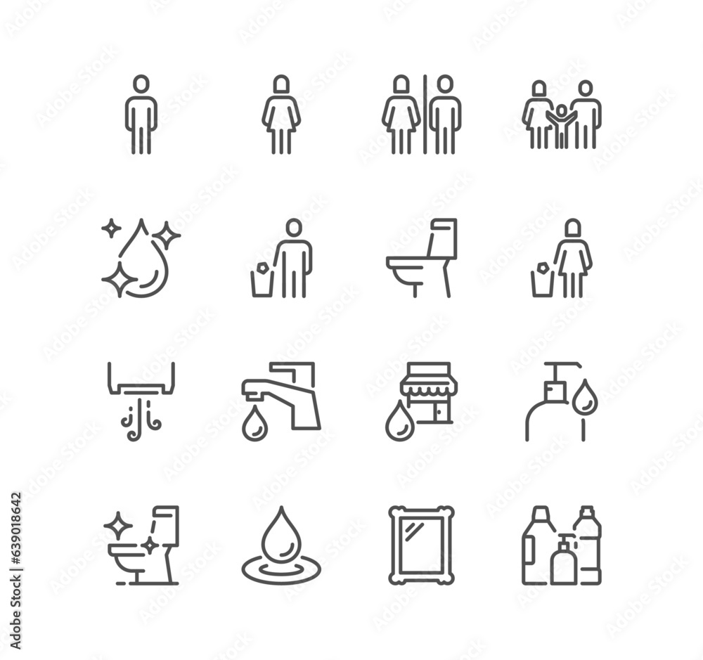 Set of rest room related icons, family wc, do not throw sign, water tap, water drop, cleaning supplies and linear variety vectors. Set of rest room related icons, family wc, do not throw sign, water tap, water drop, cleaning supplies and linear variety vectors.