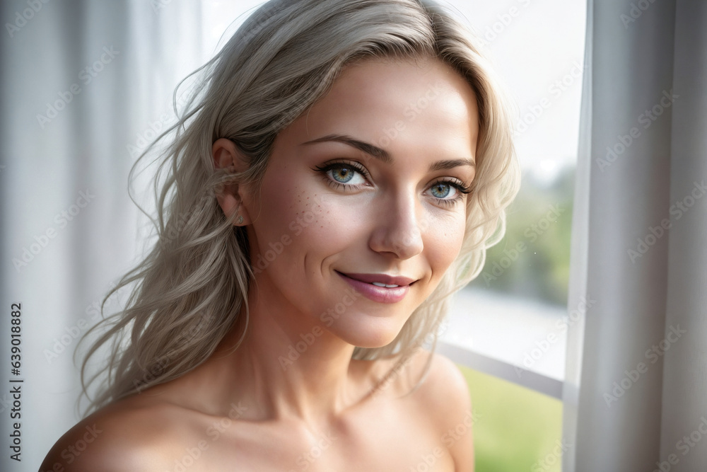 Portrait of a beautiful woman near window in a bedroom. Generative AI. Portrait of a beautiful woman near window in a bedroom. Generative AI.