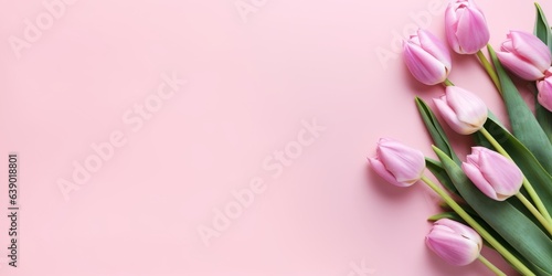 Pink tulips on a pink background, top view, spring bouquet generative ai © Gilang