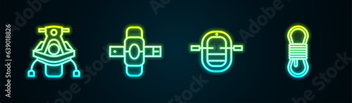 Set line Snowmobile, Knee pads, Rafting boat and Climber rope. Glowing neon icon. Vector