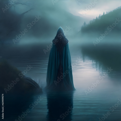 Standing at the edge of a misty lake, a mysterious figure cloaked in a garment adorned with Celtic knotwork casts a spell upon the waters,