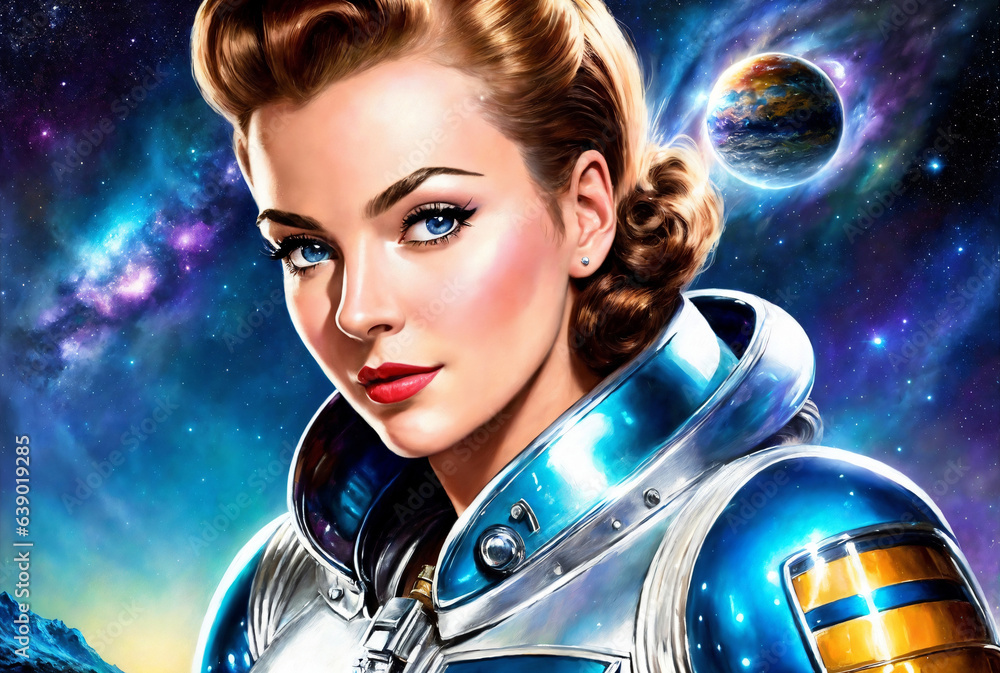Portrait of a beautiful woman in a polished aluminum suit as an astronaut, space theme in the retro futurism style of the 60s. Generative AI. Portrait of a beautiful woman in a polished aluminum suit as an astronaut, space theme in the retro futurism style of the 60s. Generative AI.