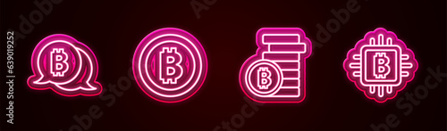 Set line Bitcoin, , and CPU mining farm. Glowing neon icon. Vector