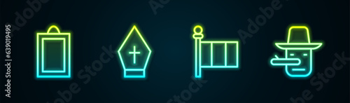 Set line Picture, Pope hat, Flag Italy and Pinocchio. Glowing neon icon. Vector